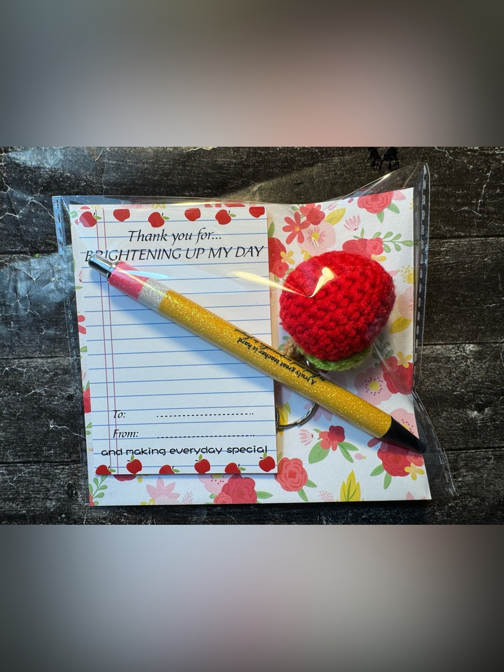 Teacher Appreciation Gift Crochet Apple Keychain Glitter Pencil Pen And Card